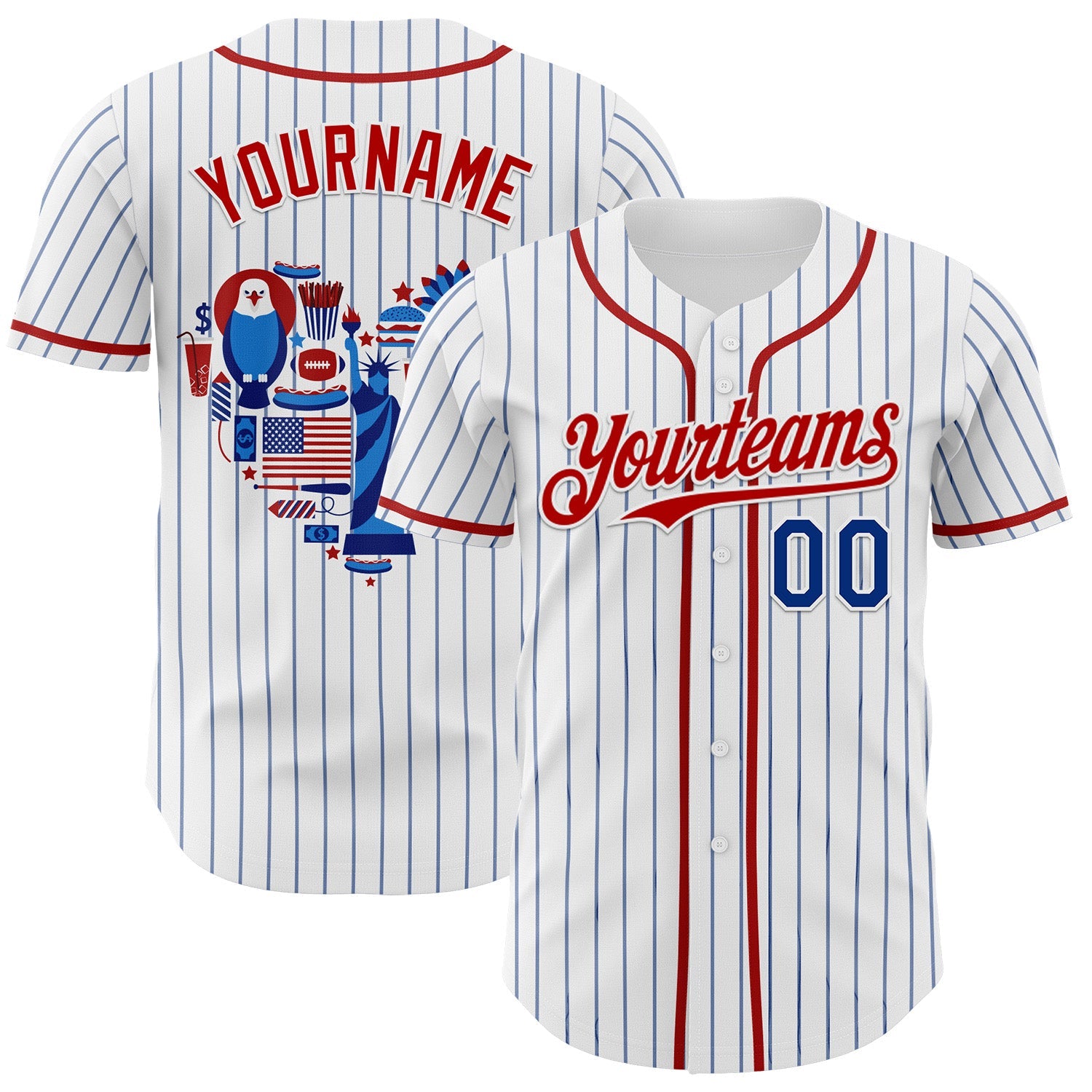 Custom White Blue Pinstripe Royal-Red 3D American Flag National Symbols Authentic Baseball Jersey