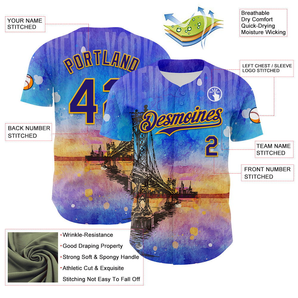 Custom Blue Dark Purple-Gold 3D Pattern Design Manhattan Bridge New York Sunset Authentic Baseball Jersey