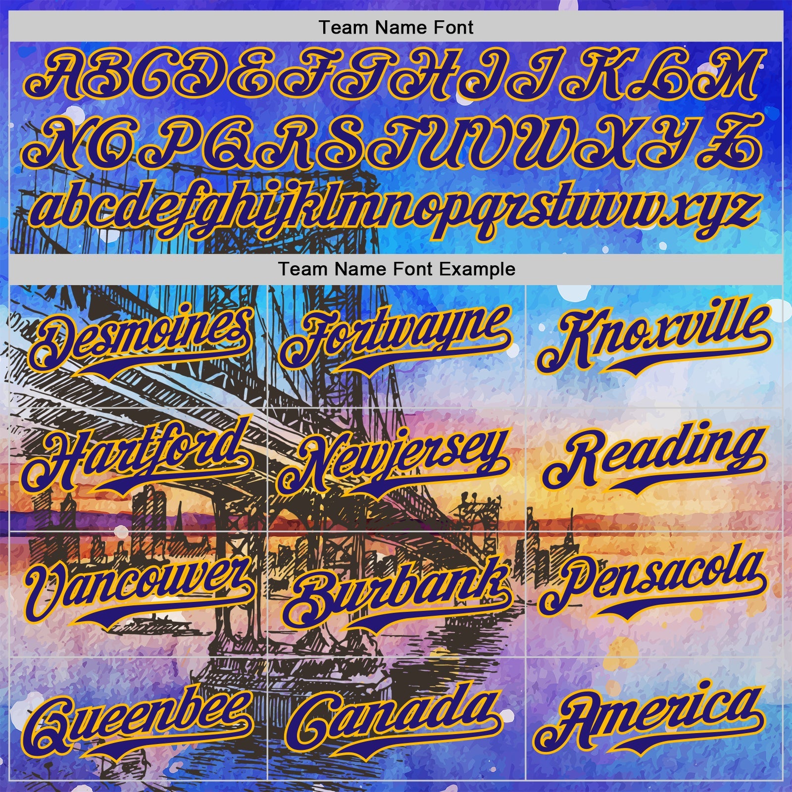 Custom Blue Dark Purple-Gold 3D Pattern Design Manhattan Bridge New York Sunset Authentic Baseball Jersey