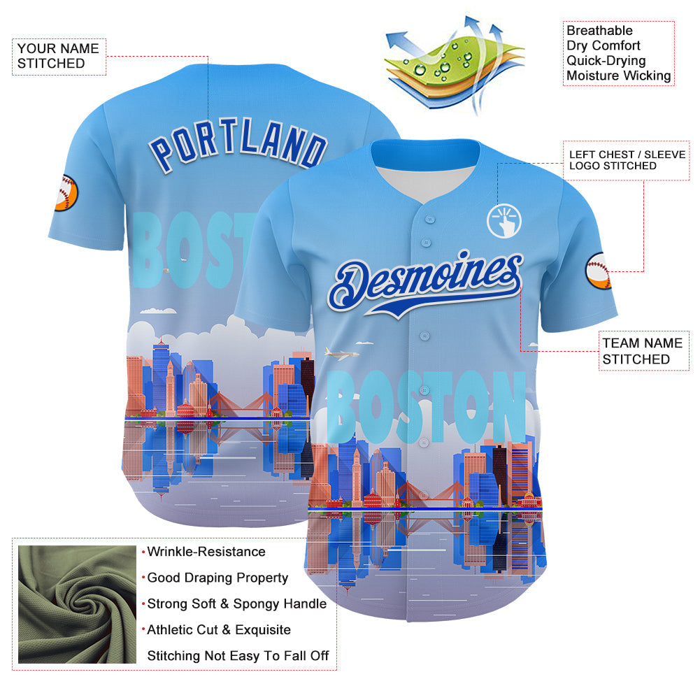 Custom Blue Thunder Blue-White 3D Pattern Design Boston Cityscape Skyline Authentic Baseball Jersey