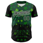Custom Black White-Grass Green 3D Pattern Design Boston Cityscape Shamrock Authentic St. Patrick's Day Baseball Jersey