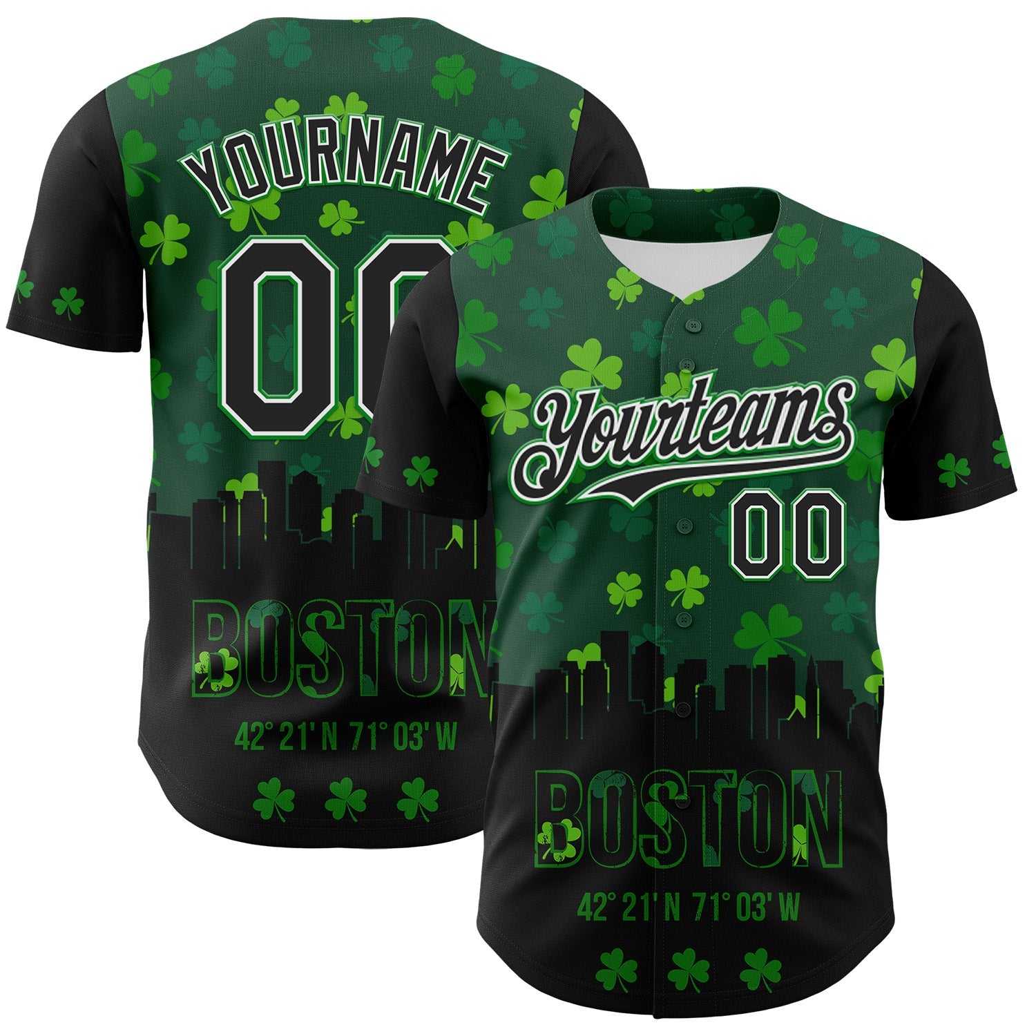 Custom Black White-Grass Green 3D Pattern Design Boston Cityscape Shamrock Authentic St. Patrick's Day Baseball Jersey