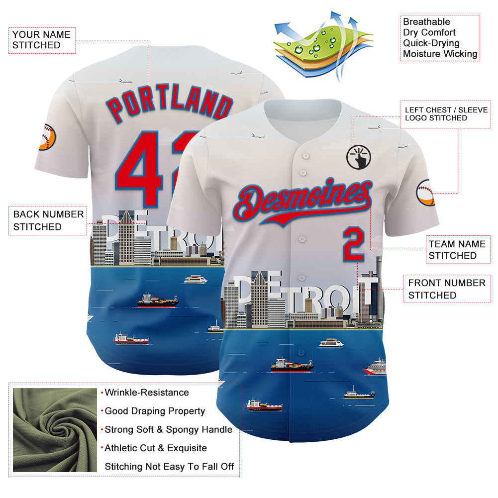 Custom White Fire Red-Blue 3D Pattern Design Detroit Cityscape Skyline Authentic Baseball Jersey