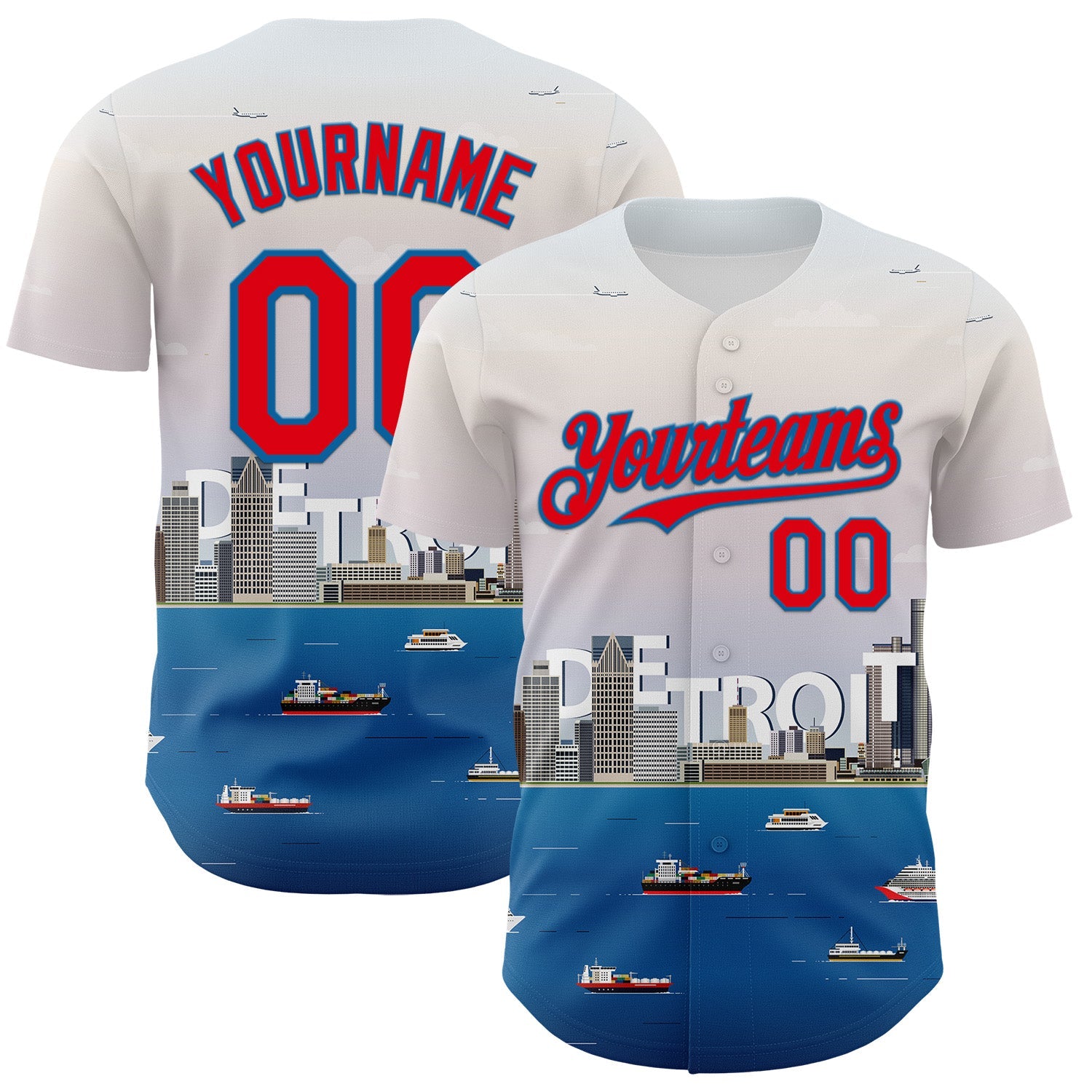 Custom White Fire Red-Blue 3D Pattern Design Detroit Cityscape Skyline Authentic Baseball Jersey