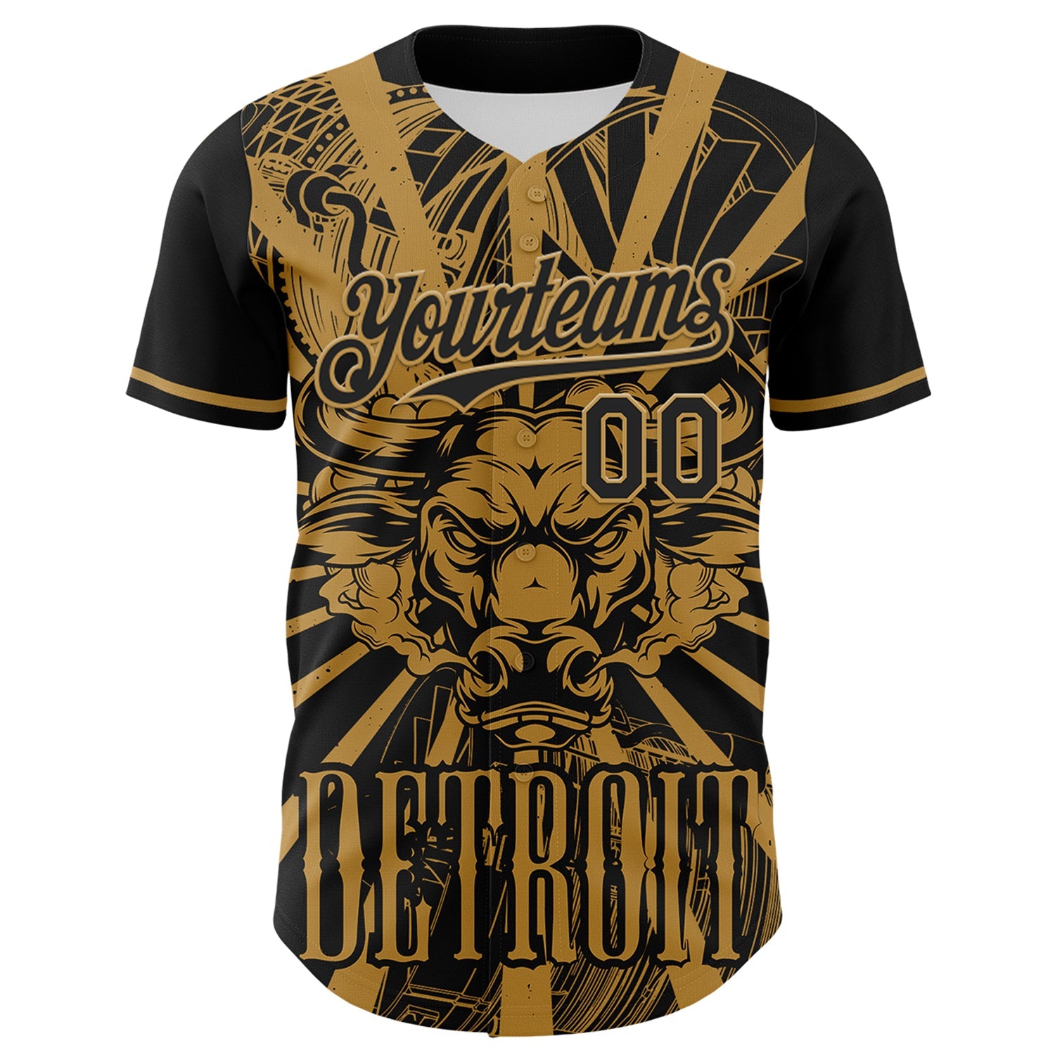 Custom Black Old Gold 3D Pattern Design Detroit Cityscape Steampunk Engine Bull Authentic Baseball Jersey
