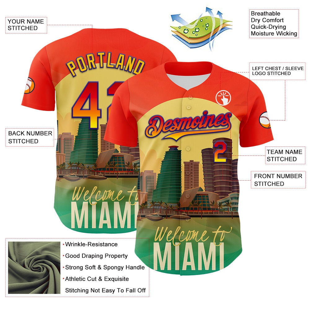 Custom Orange Green Yellow-Dark Purple 3D Pattern Design Gradient Miami Cityscape Sunset Authentic Baseball Jersey