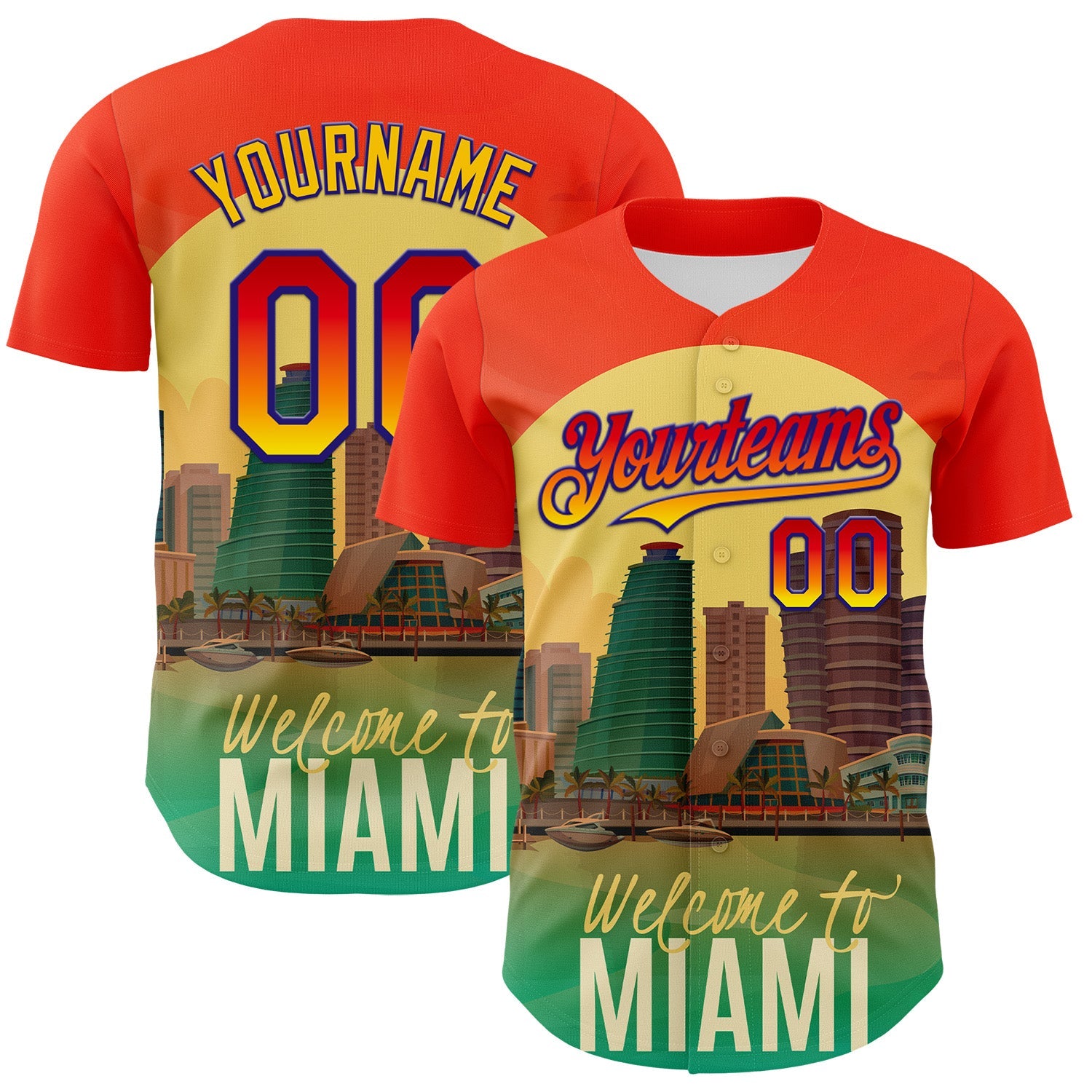 Custom Orange Green Yellow-Dark Purple 3D Pattern Design Gradient Miami Cityscape Sunset Authentic Baseball Jersey