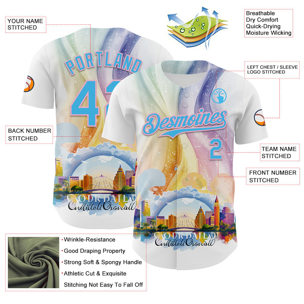 Custom White Sky Blue-Light Pink 3D Pattern Design Orlando Cityscape Skyline Authentic Baseball Jersey