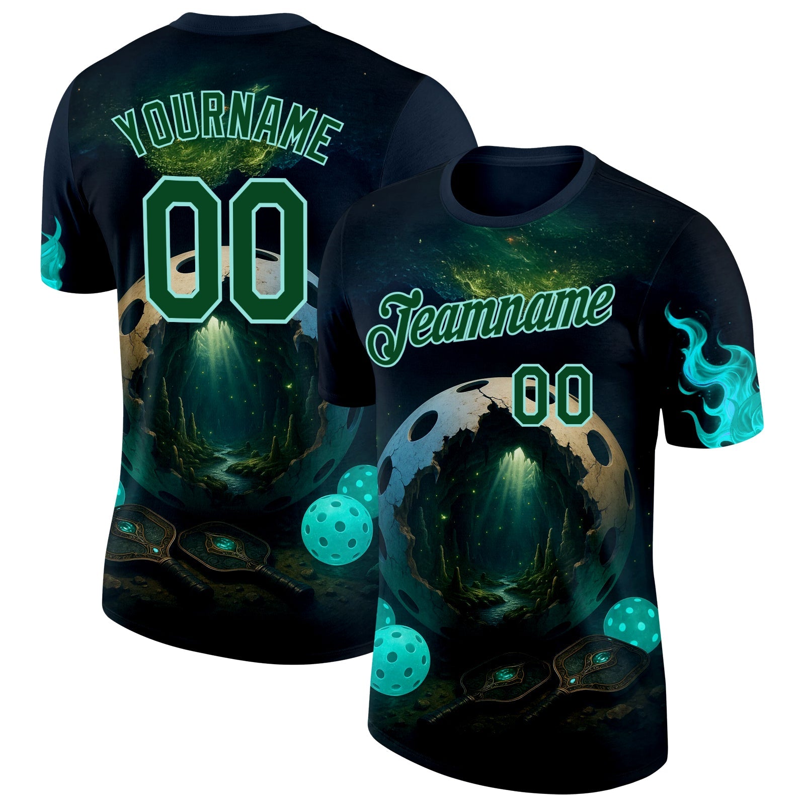 Custom Blue Green-Ice Blue 3D Pickleball Paddles Balls Fantasy Performance T-Shirt