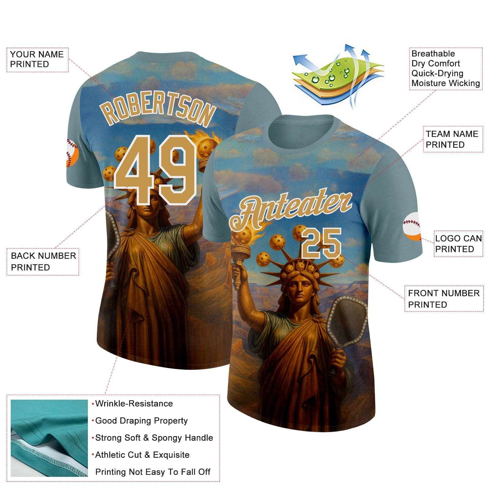 Custom Blue Old Gold-White 3D Pickleball Paddles Balls Retro Statue Of Liberty Performance T-Shirt