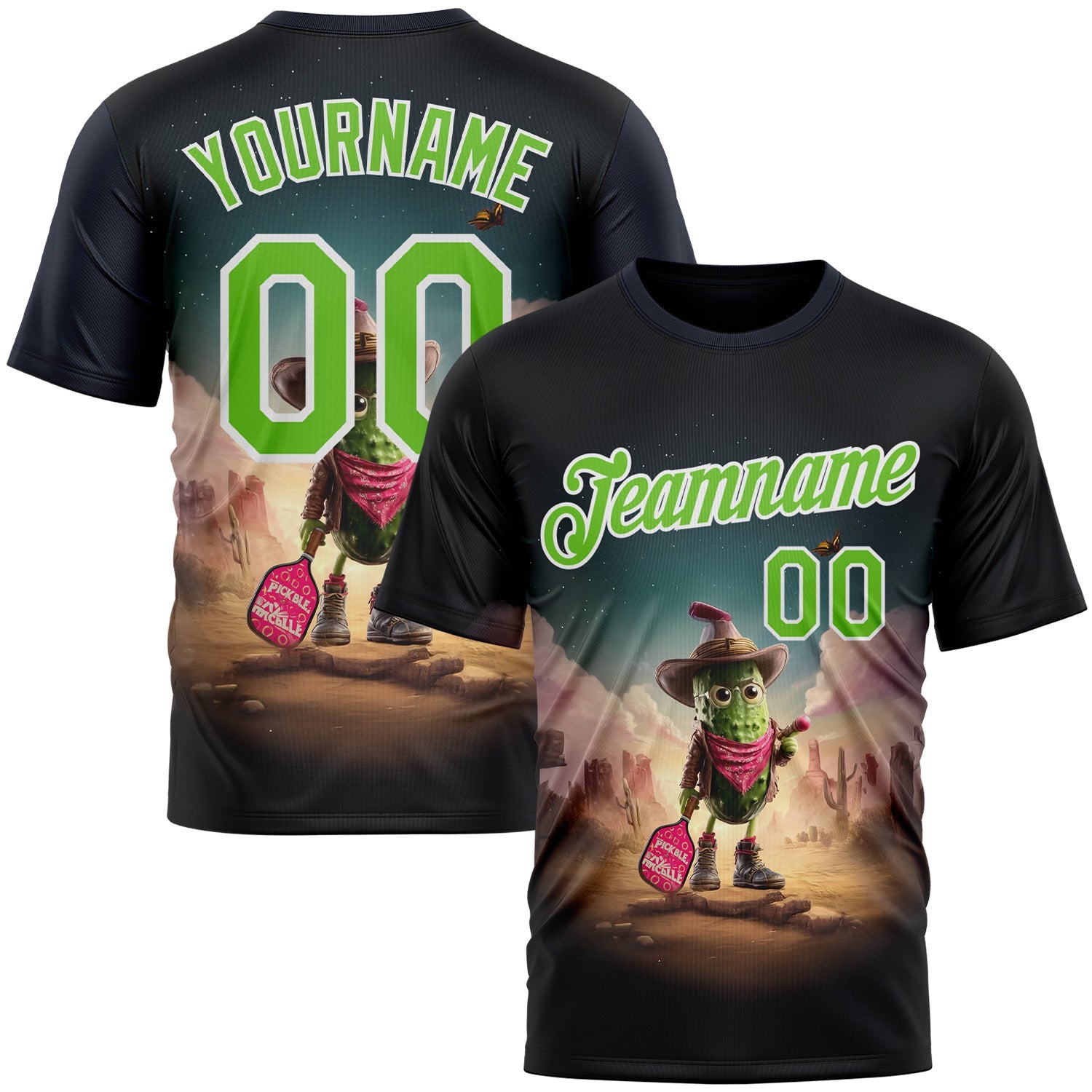 Custom Blue Aurora Green-White 3D Funny Pickleball Paddles Balls West Cowboy Performance T-Shirt