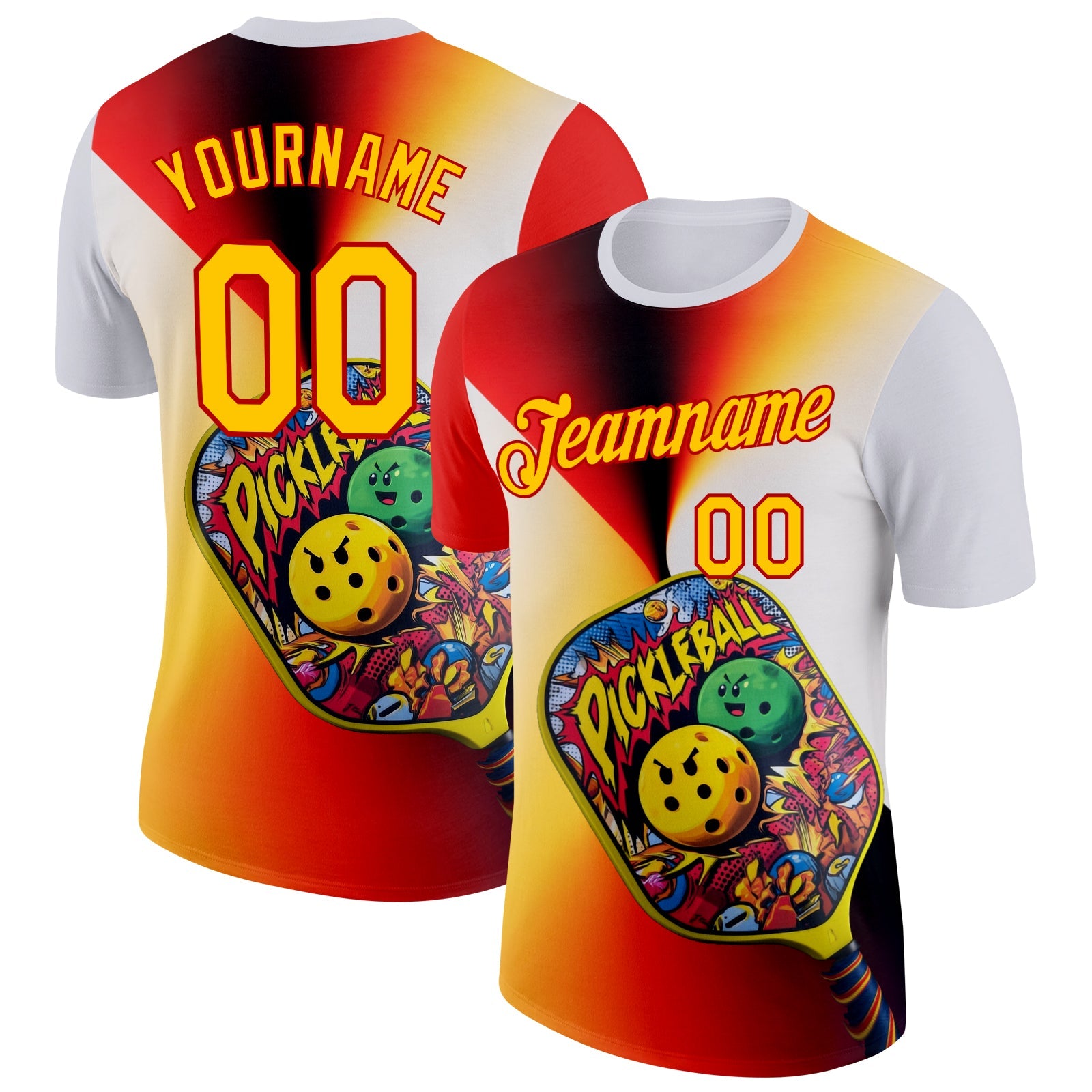 Custom White Yellow-Red 3D Graffiti Pickleball Paddles Balls Performance T-Shirt