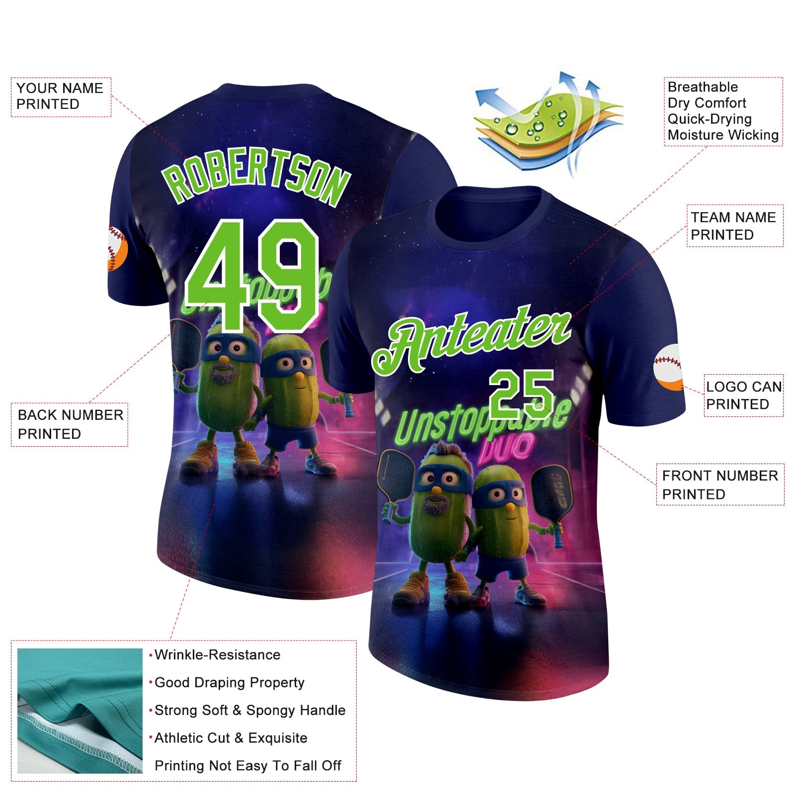 Custom Dark Purple Aurora Green-White 3D Funny Pickleball Paddles Performance T-Shirt