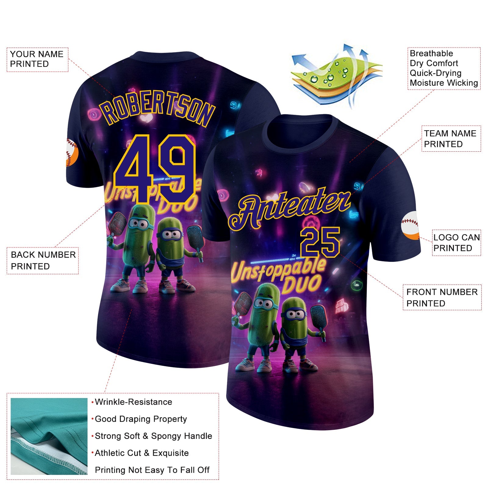 Custom Purple Dark Purple-Yellow 3D Funny Pickleball Paddles Balls Performance T-Shirt
