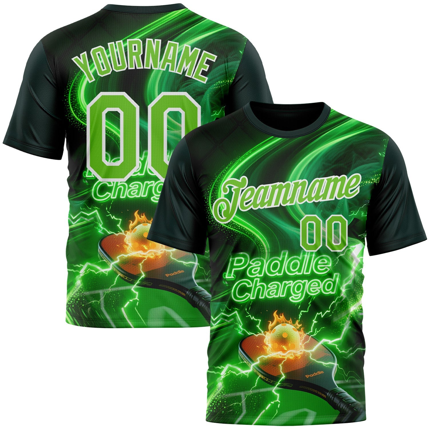 Custom Green Aurora Green-White 3D Charged Pickleball Paddles Balls Court Performance T-Shirt