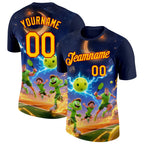 Custom Navy Yellow-Red 3D Charged Happy Family Pickleball Paddles Balls Performance T-Shirt