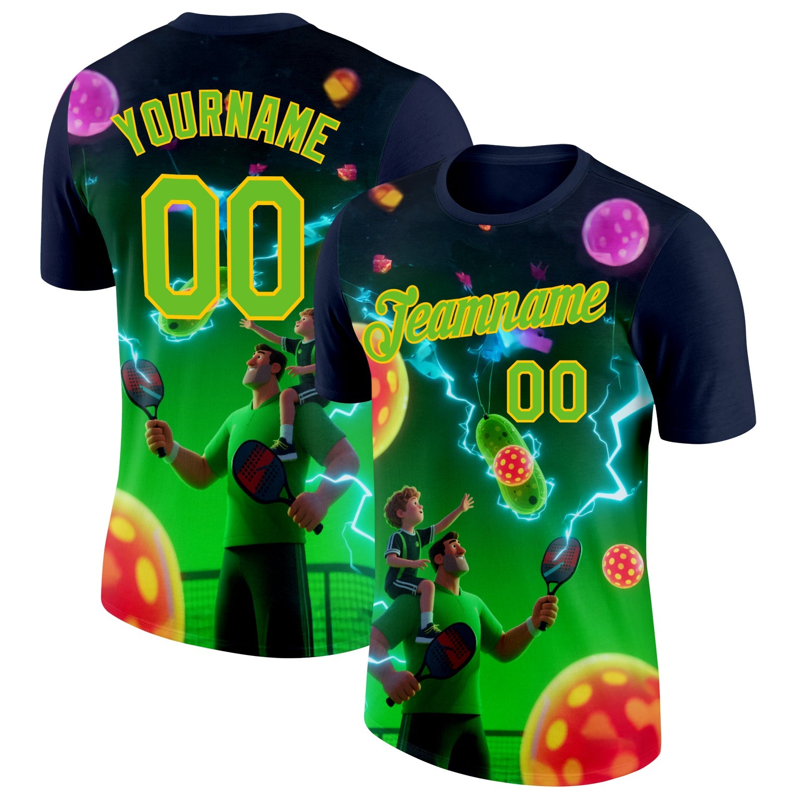Custom Blue Aurora Green-Yellow 3D Charged Happy Family Pickleball Paddles Balls Performance T-Shirt
