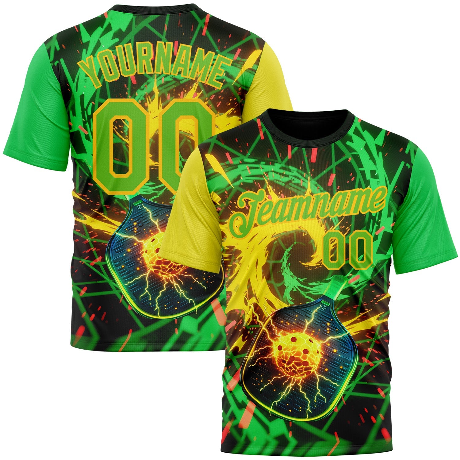 Custom Blue Aurora Green-Yellow 3D Charged Pickleball Paddles Balls Performance T-Shirt