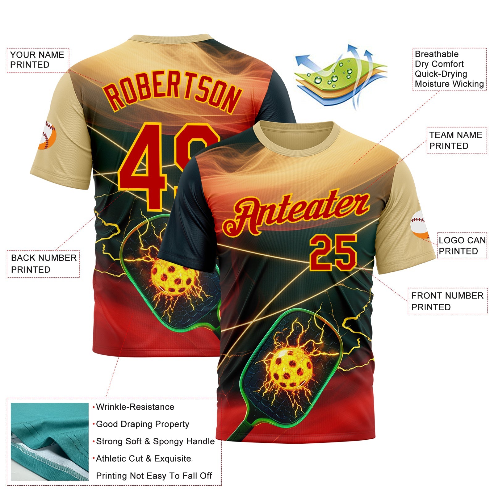 Custom Cream Red Blue-Yellow 3D Charged Pickleball Paddles Balls Performance T-Shirt