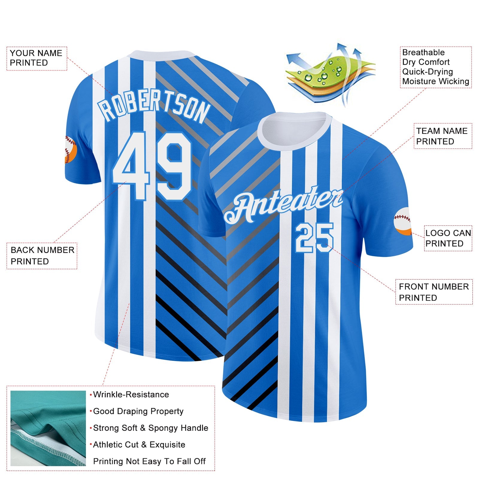 Custom Blue White Powder Blue Gray-Black 3D Pattern Design Argentina Stripe Sportswear Performance T-Shirt