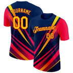 Custom Blue Yellow-Red 3D Pattern Design Gradient Line Sportswear Performance T-Shirt