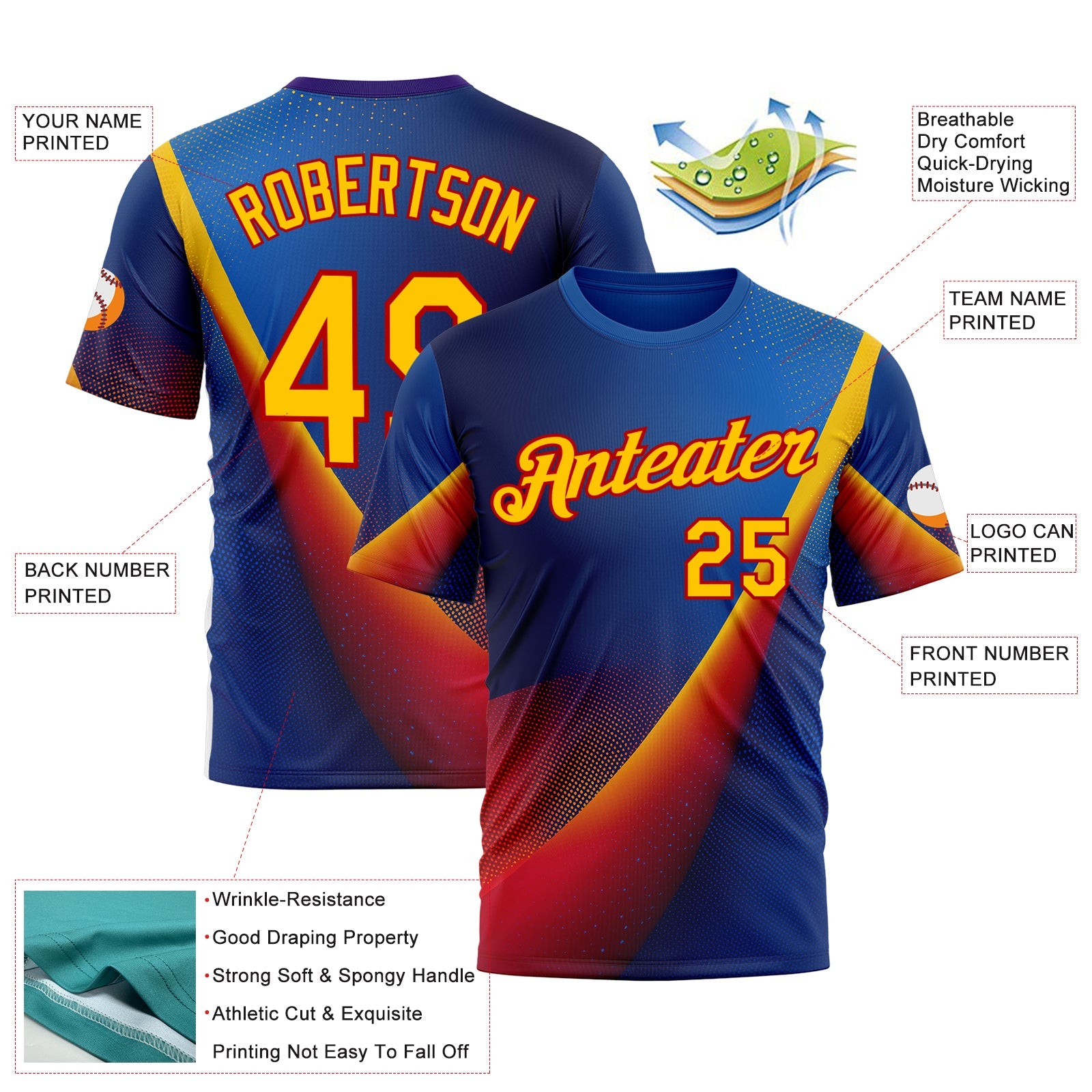 Custom Blue Yellow-Red 3D Pattern Design Romania Colombia Sportswear Performance T-Shirt