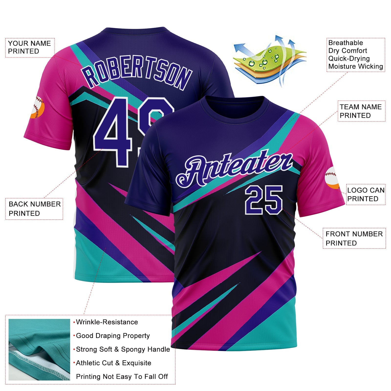 Custom Blue Dark Purple Black Pink-White 3D Pattern Design Line Sportswear Performance T-Shirt