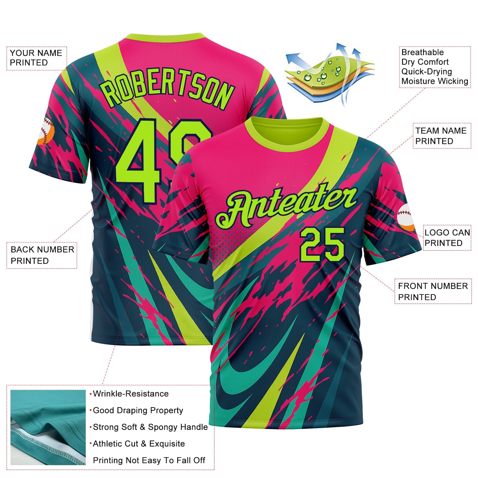 Custom Pink Neon Green-Navy 3D Pattern Design Splash Sportswear Performance T-Shirt