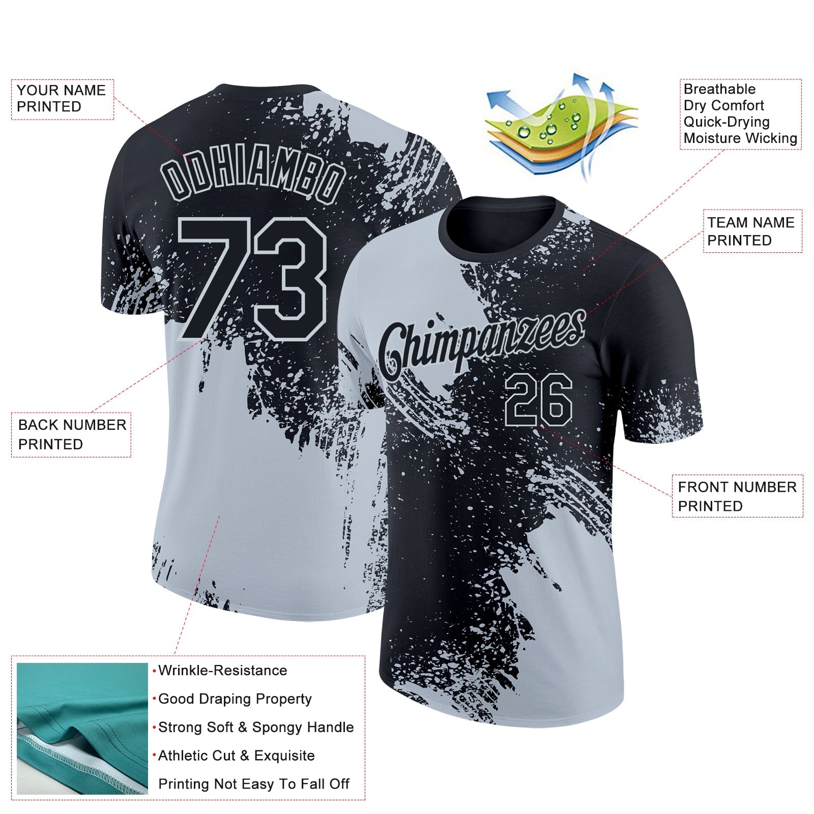 Custom Black Silver 3D Pattern Design Abstract Brush Stroke Performance T-Shirt