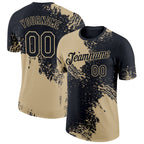Custom Black Vegas Gold 3D Pattern Design Abstract Brush Stroke Performance T-Shirt