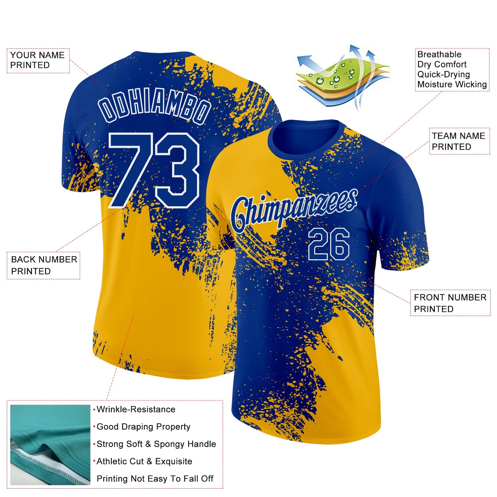 Custom Royal Gold-White 3D Pattern Design Abstract Brush Stroke Performance T-Shirt