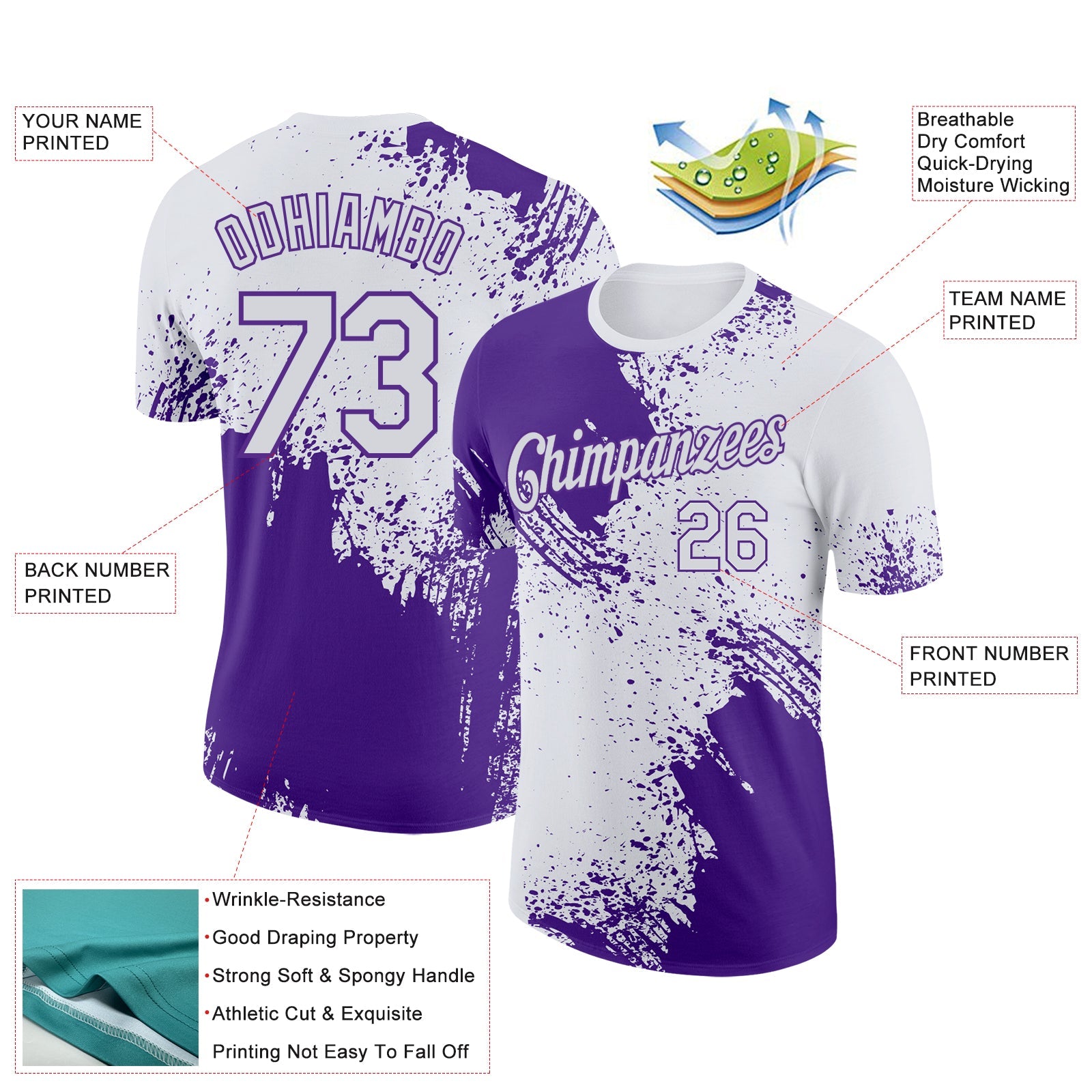 Custom White Purple 3D Pattern Design Abstract Brush Stroke Performance T-Shirt