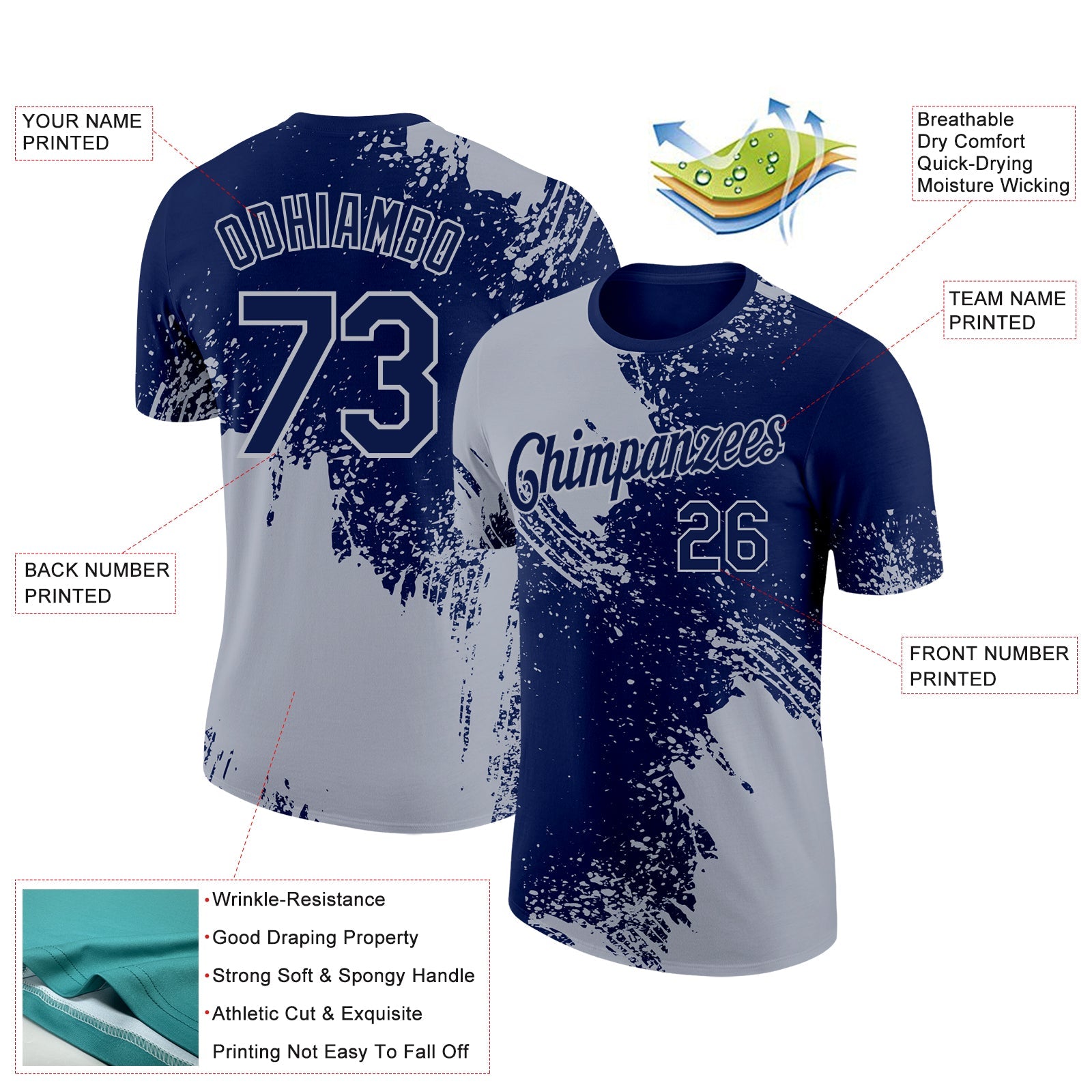 Custom Navy Gray 3D Pattern Design Abstract Brush Stroke Performance T-Shirt
