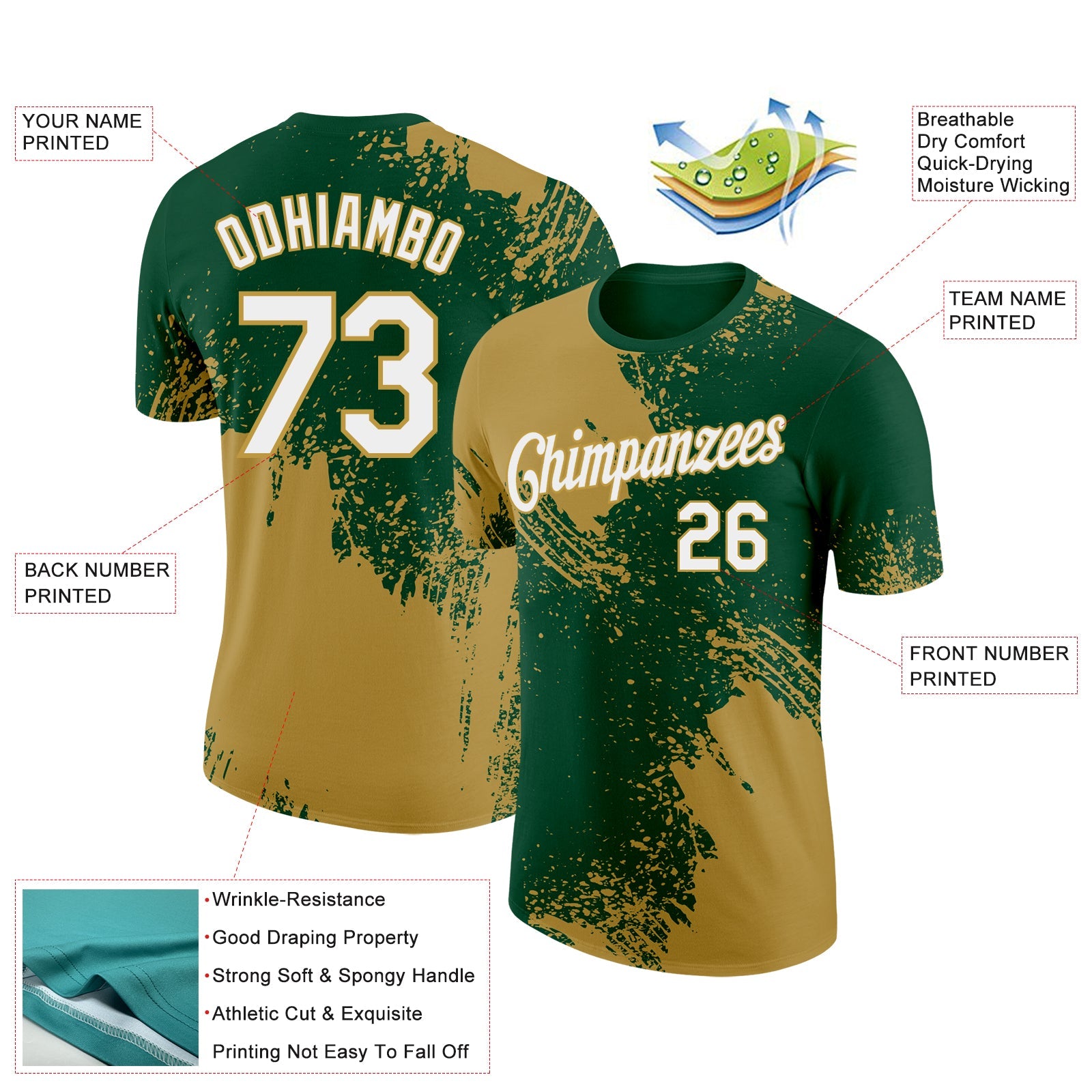 Custom Green White-Old Gold 3D Pattern Design Abstract Brush Stroke Performance T-Shirt