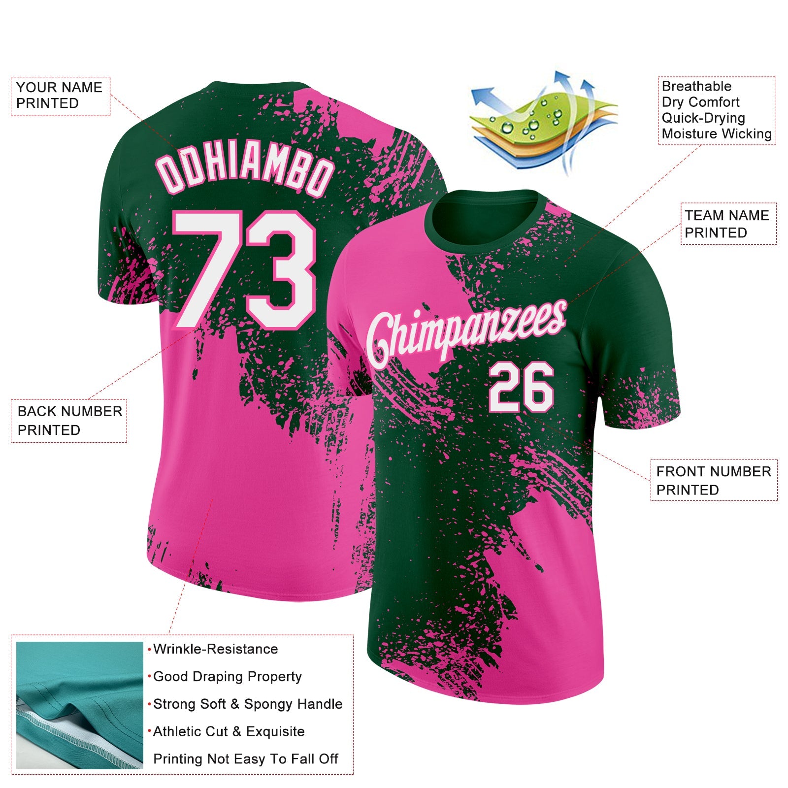 Custom Green White-Pink 3D Pattern Design Abstract Brush Stroke Performance T-Shirt