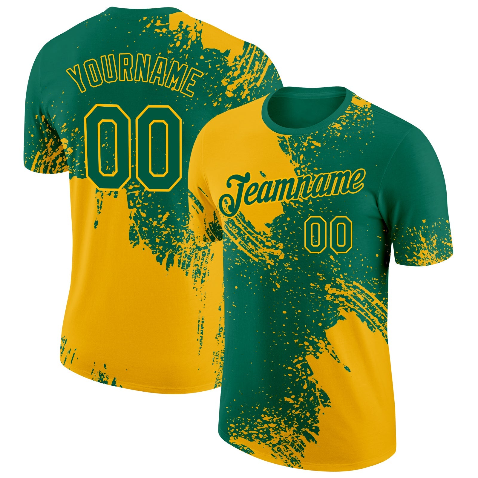 Custom Kelly Green Gold 3D Pattern Design Abstract Brush Stroke Performance T-Shirt