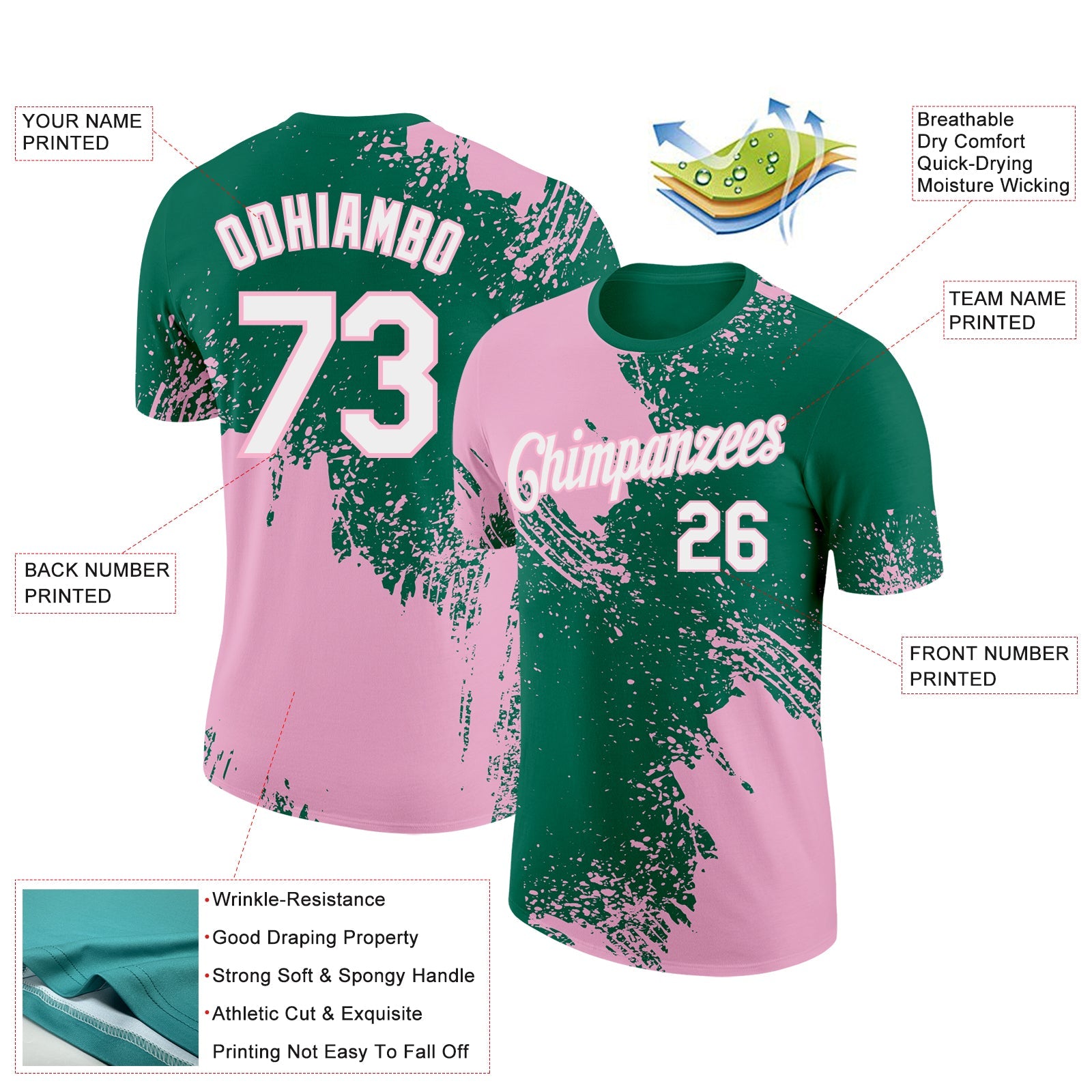 Custom Kelly Green White-Light Pink 3D Pattern Design Abstract Brush Stroke Performance T-Shirt