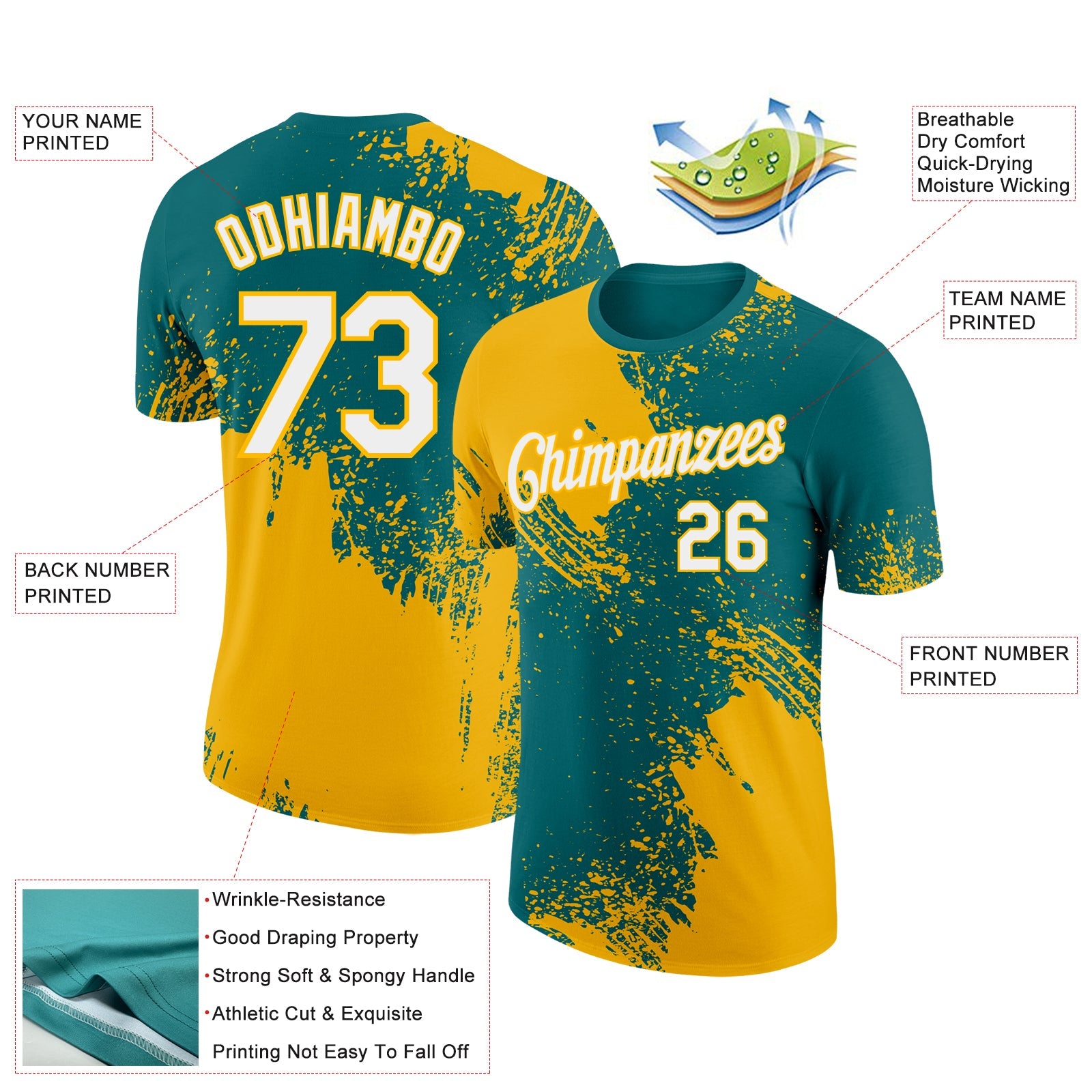 Custom Teal White-Gold 3D Pattern Design Abstract Brush Stroke Performance T-Shirt