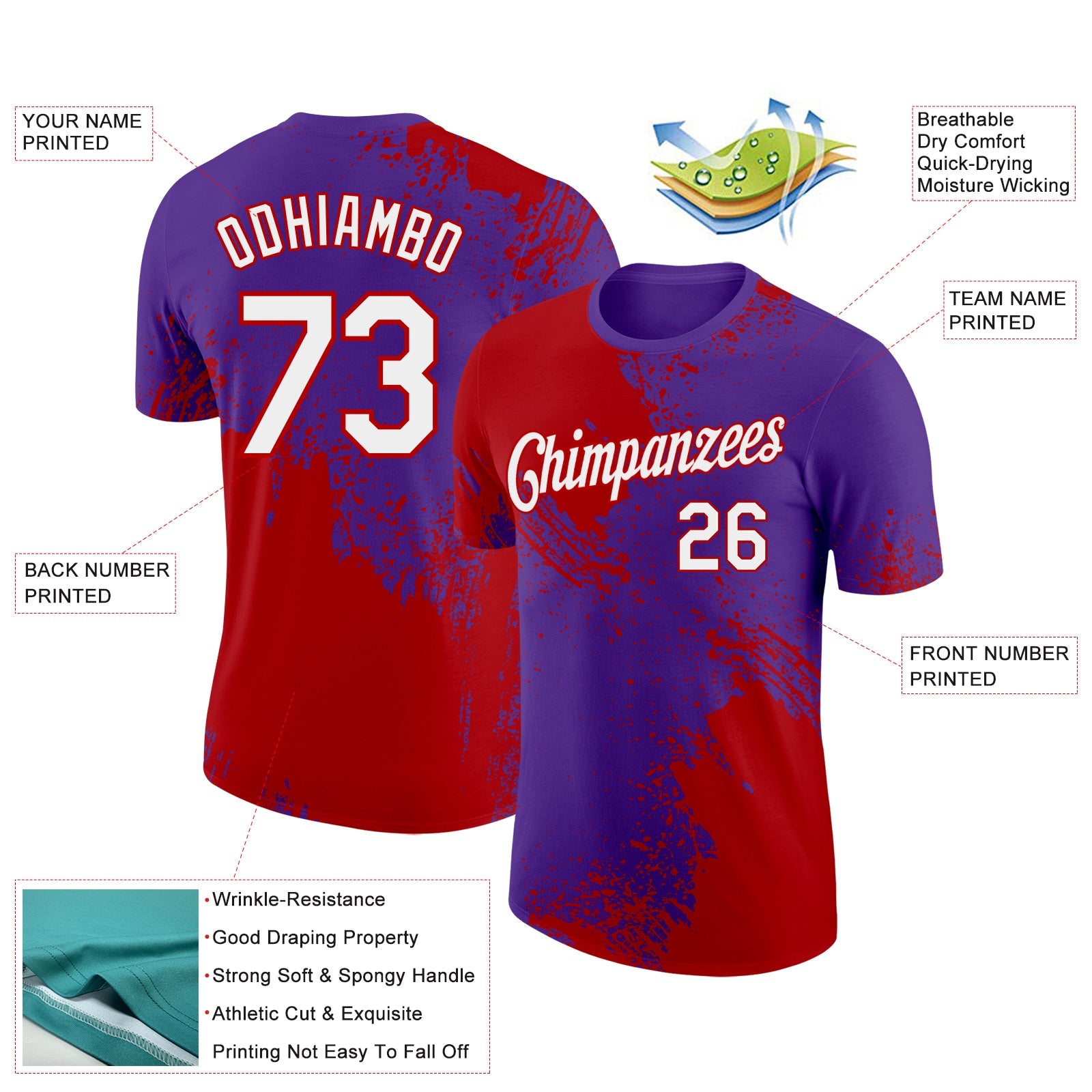 Custom Purple White-Red 3D Pattern Design Abstract Brush Stroke Performance T-Shirt