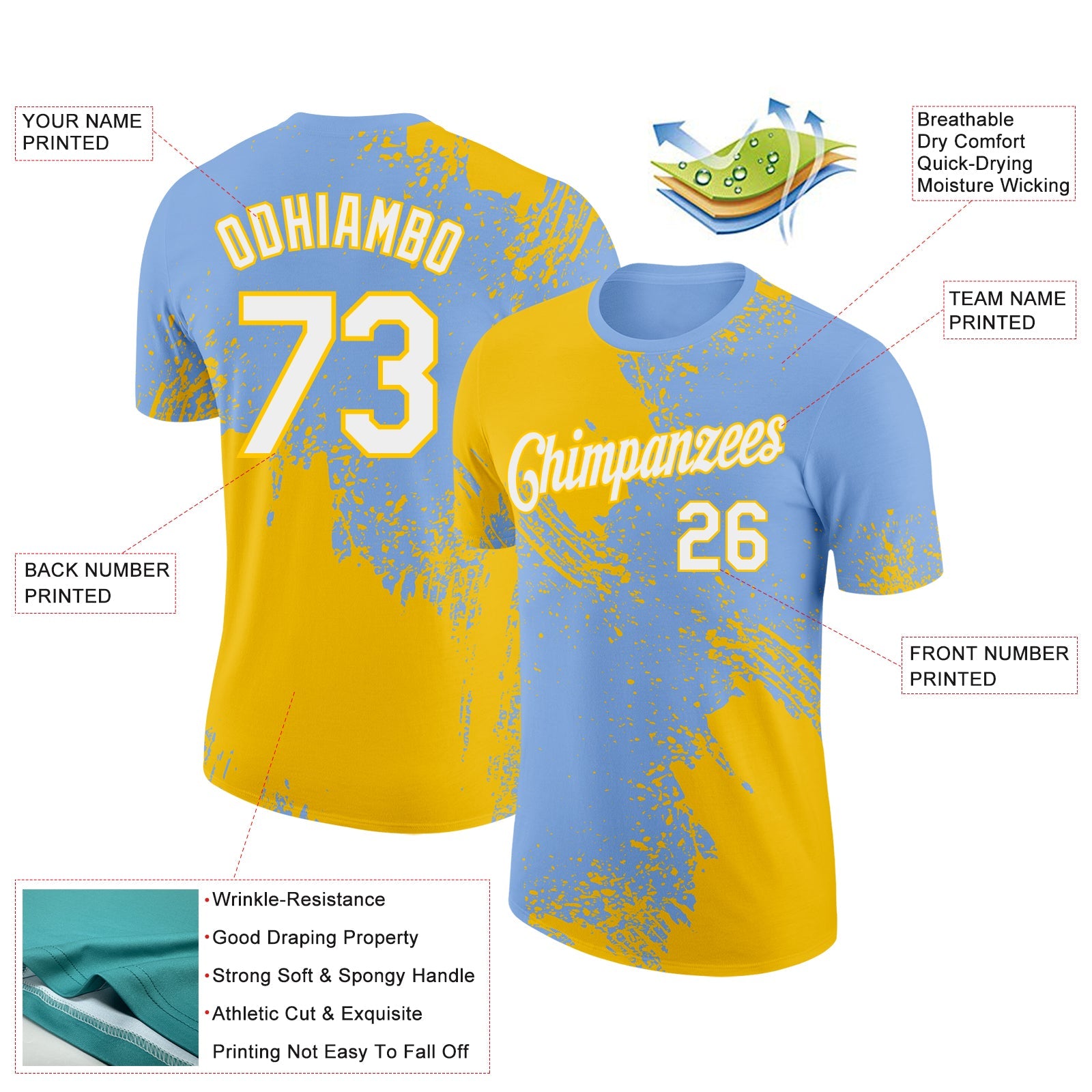 Custom Light Blue White-Yellow 3D Pattern Design Abstract Brush Stroke Performance T-Shirt