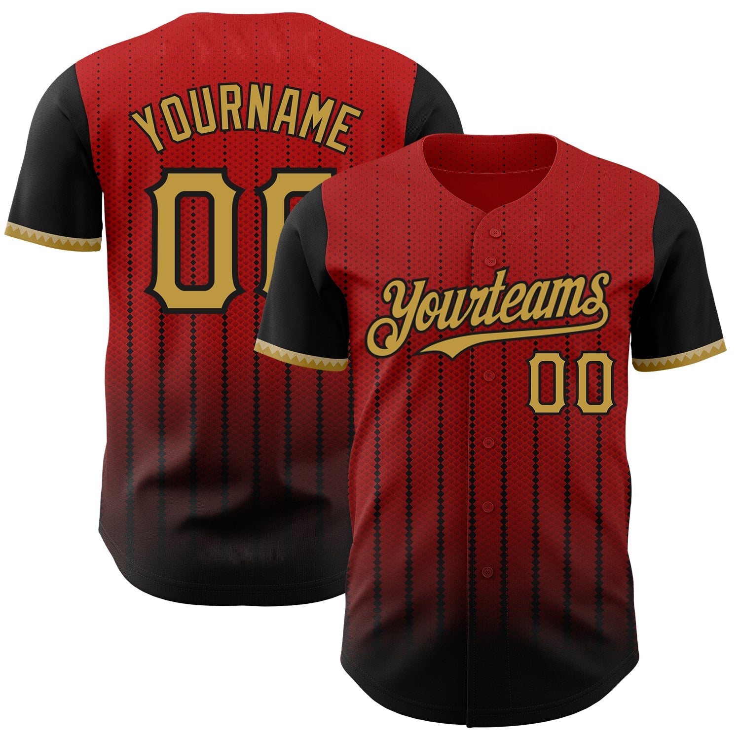 Custom Red Old Gold-Black 3D Pattern Design Gradient Geometric Shape Authentic Baseball Jersey