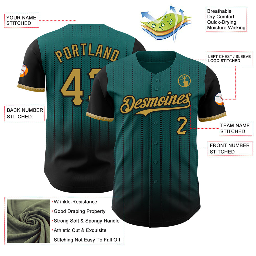 Custom Teal Old Gold-Black 3D Pattern Design Gradient Geometric Shape Authentic Baseball Jersey