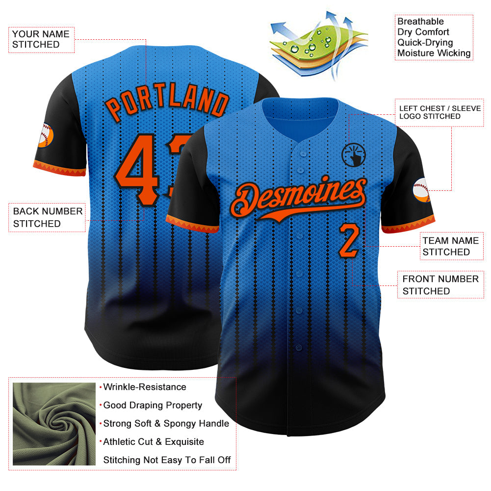 Custom Electric Blue Orange-Black 3D Pattern Design Gradient Geometric Shape Authentic Baseball Jersey