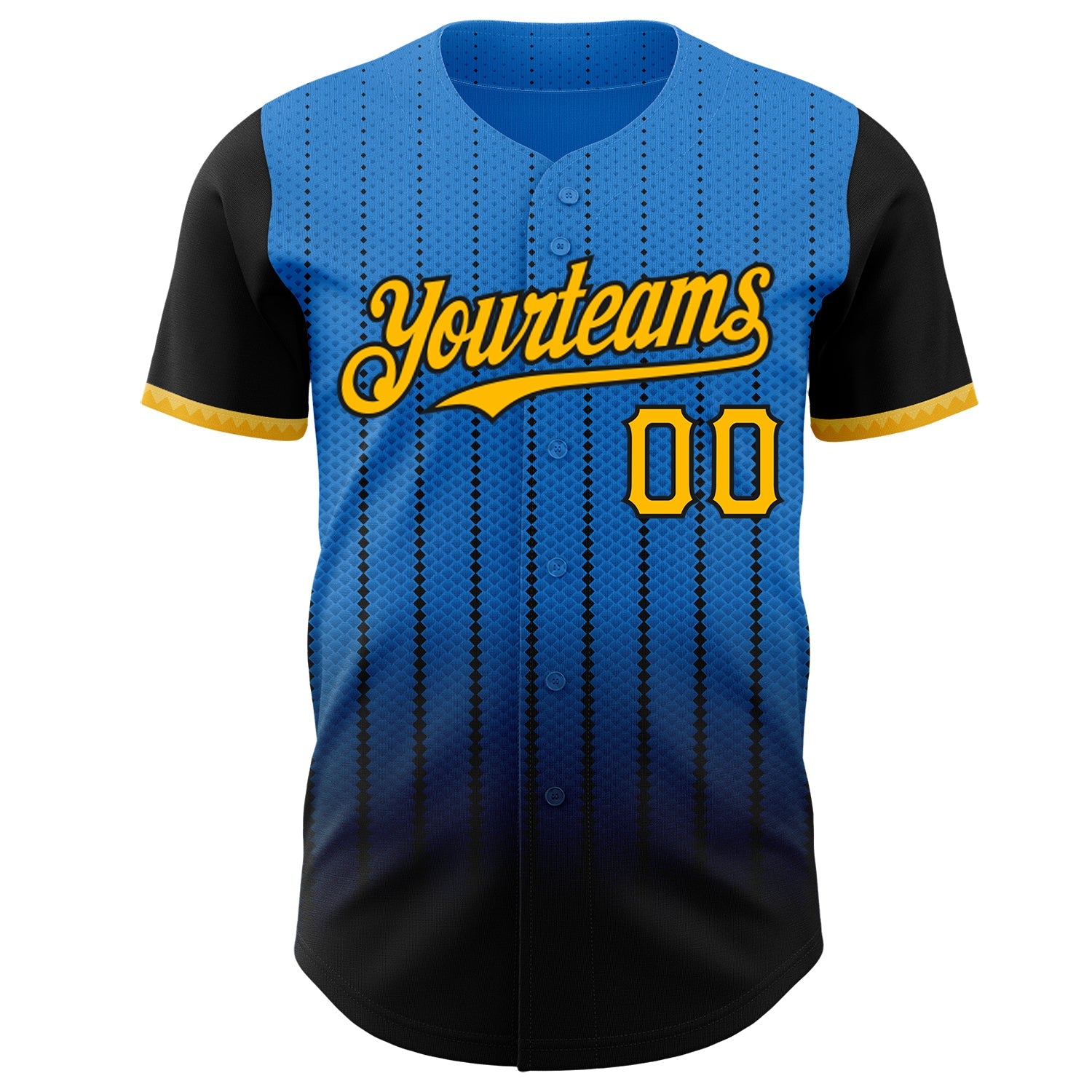 Custom Electric Blue Gold-Black 3D Pattern Design Gradient Geometric Shape Authentic Baseball Jersey