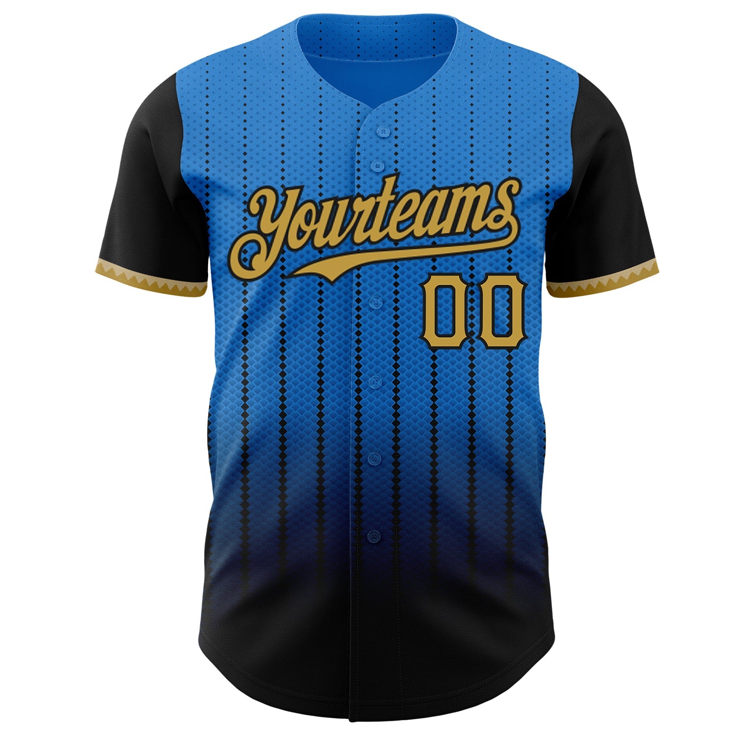 Custom Electric Blue Old Gold-Black 3D Pattern Design Gradient Geometric Shape Authentic Baseball Jersey