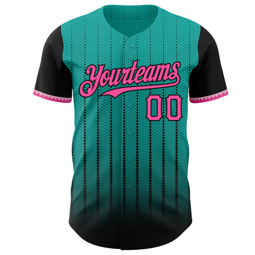 Custom Aqua Pink-Black 3D Pattern Design Gradient Geometric Shape Authentic Baseball Jersey