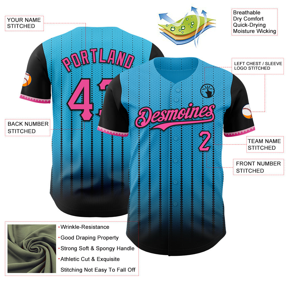Custom Sky Blue Pink-Black 3D Pattern Design Gradient Geometric Shape Authentic Baseball Jersey