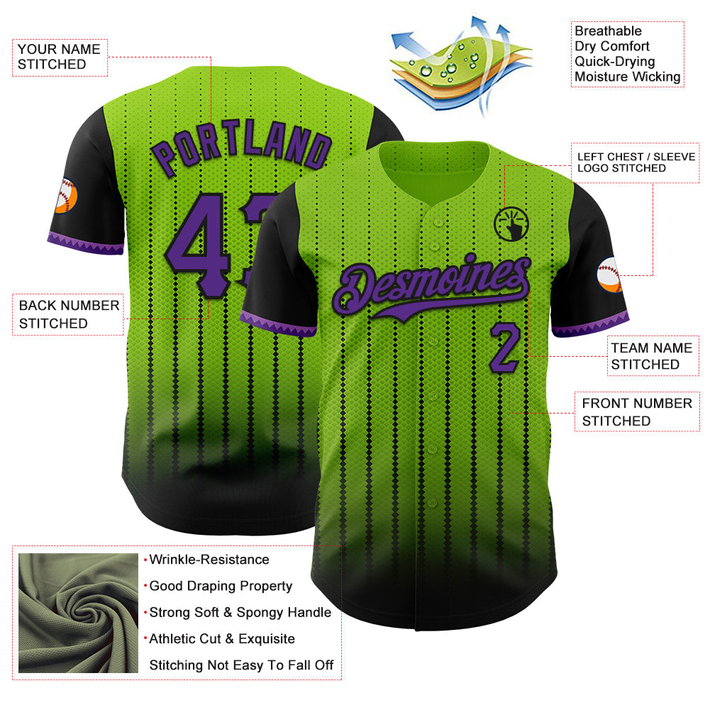 Custom Neon Green Purple-Black 3D Pattern Design Gradient Geometric Shape Authentic Baseball Jersey
