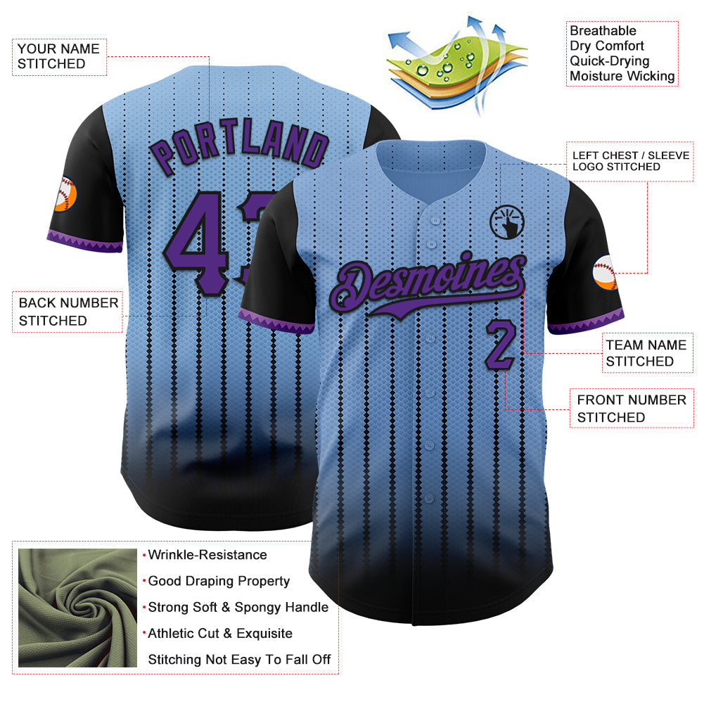 Custom Light Blue Purple-Black 3D Pattern Design Gradient Geometric Shape Authentic Baseball Jersey