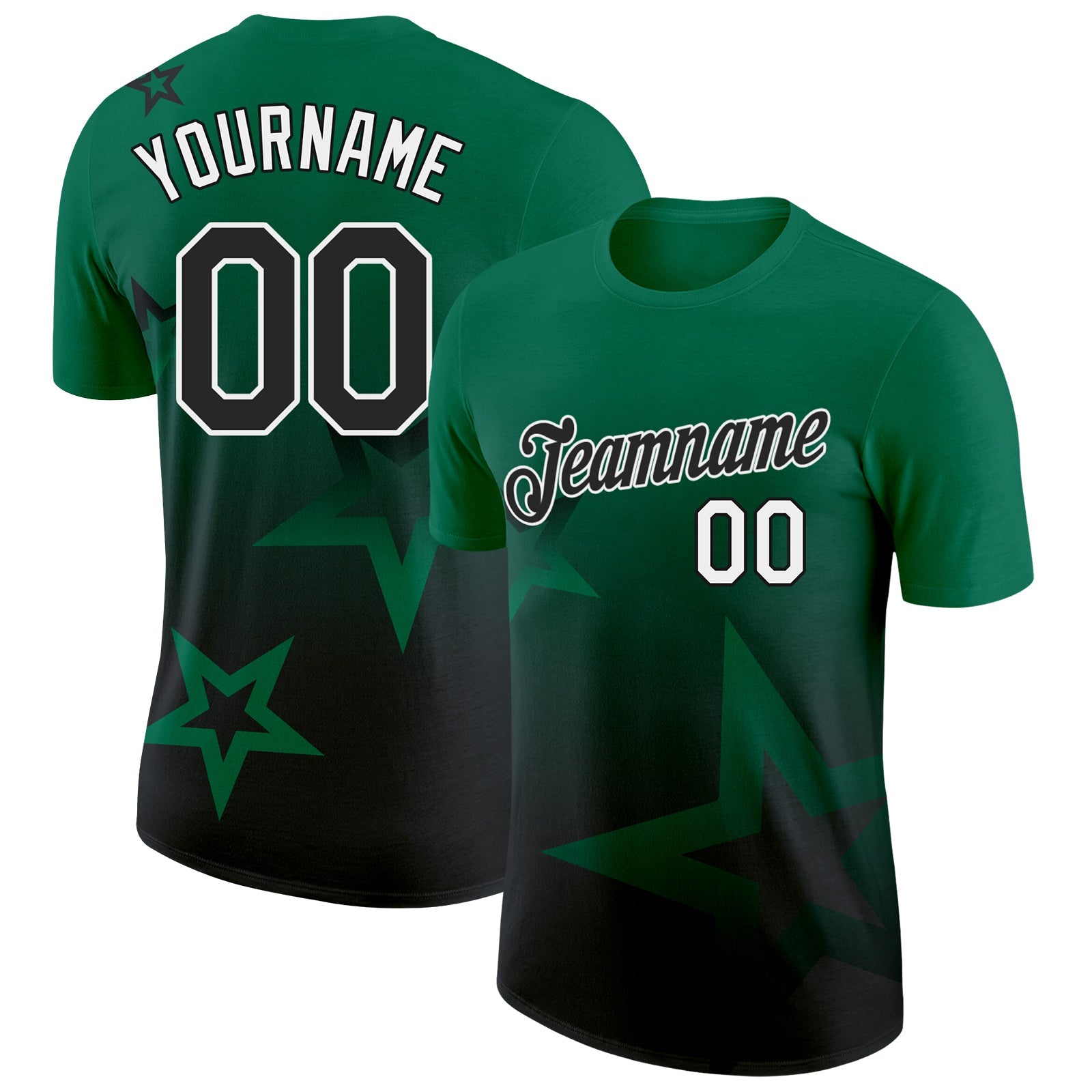 Custom Kelly Green Black-White 3D Pattern Design Gradient Style Twinkle Star Performance T-Shirt
